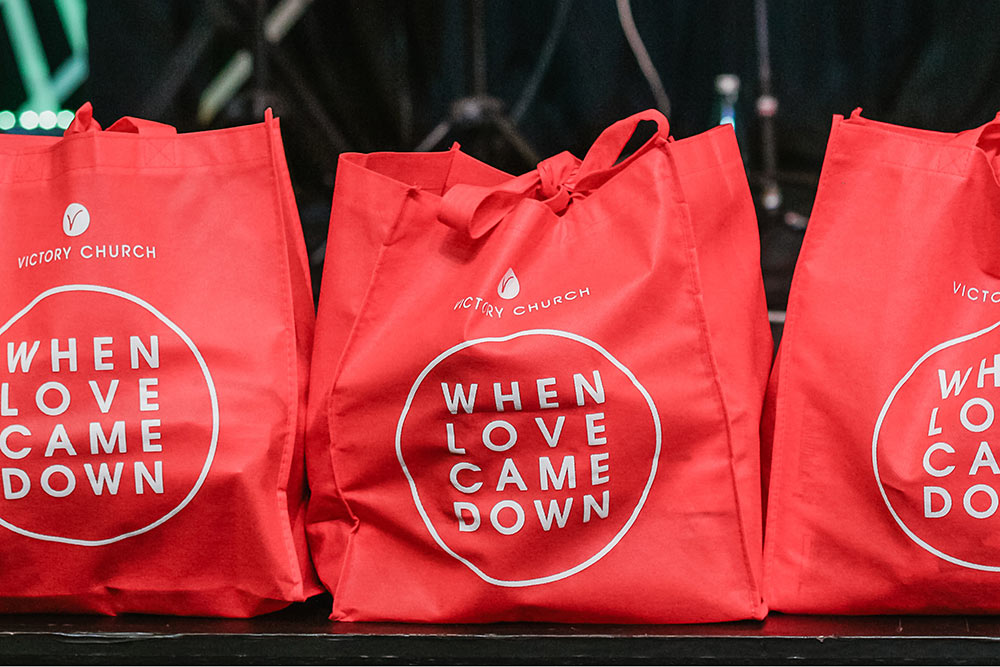 When Love Came Down Printed on Red Canvas Bags